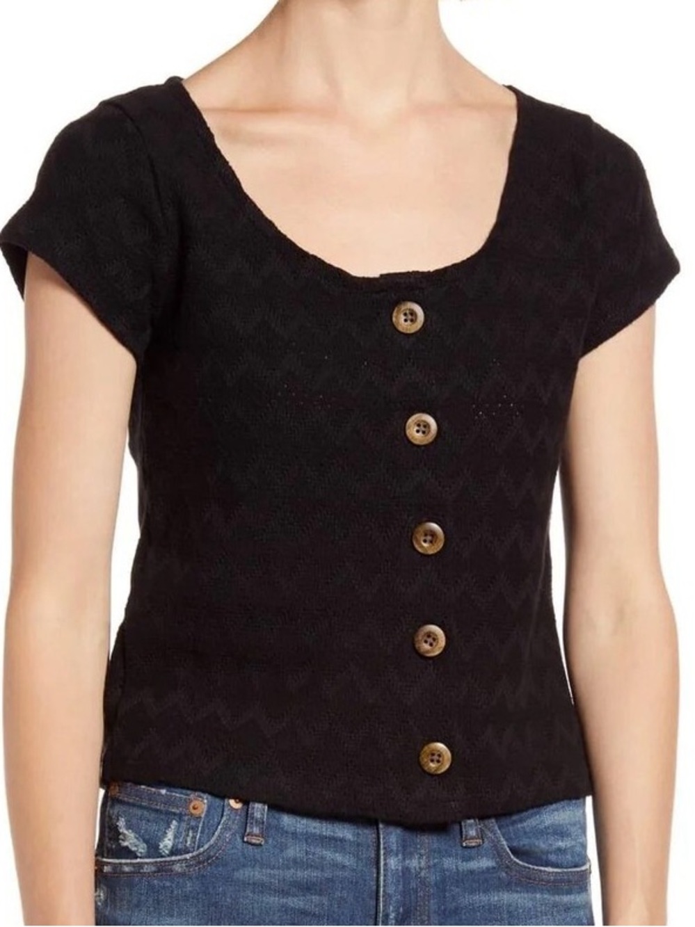 Madewell Knit Pointelle Button-Front Scoop Tee in black size L crop